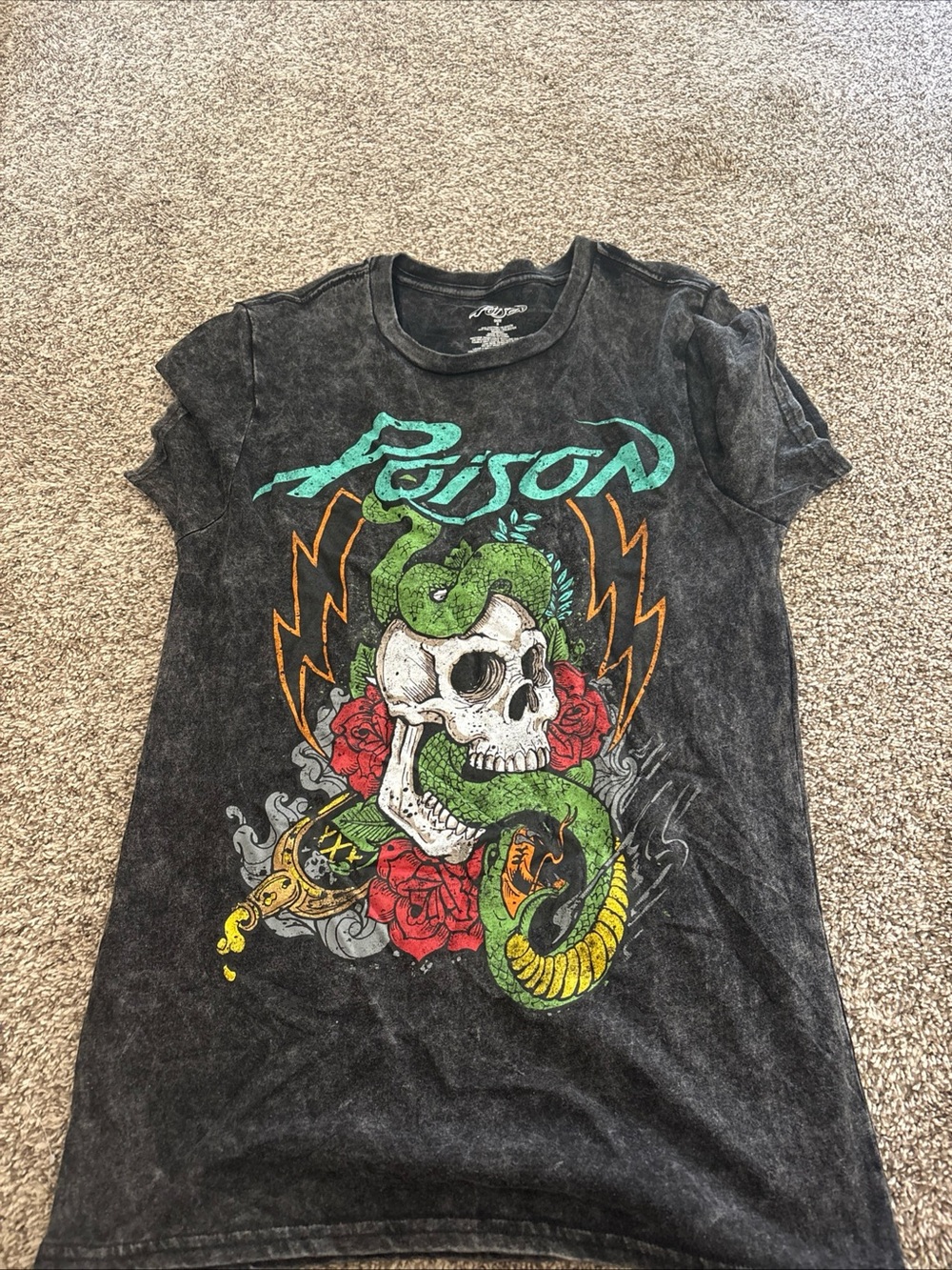 Poison Graphic Mineral Wash Short Sleeve Tee - Black with Green & Red Print